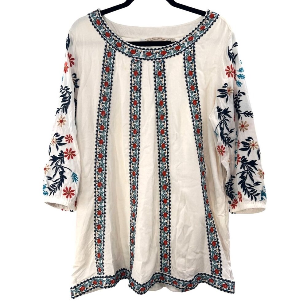 Soft Surroundings Long Lined WHT Tunic Top ORG BLU "Ribbon" Embroidery Size L